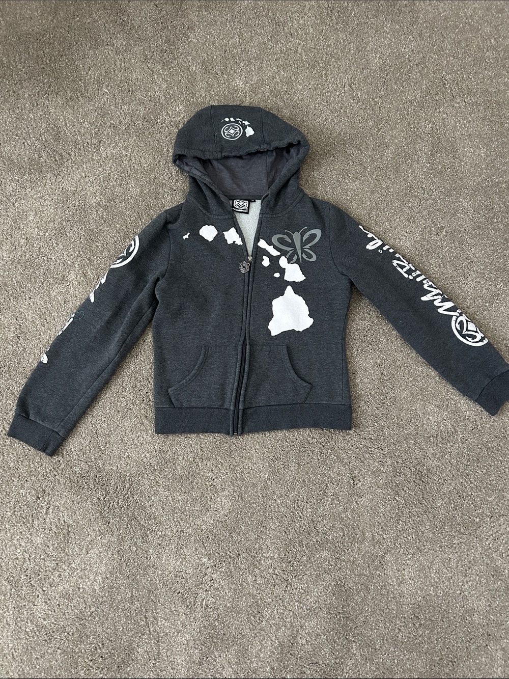 Maui Built Girls' Dark Gray Zip-Up Hoodie with White Island Graphic